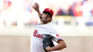 Philadelphia Phillies starting pitcher Aaron Nola (27) throws during the first inning in Game 3 of baseball’s National League Division Series against the Atlanta Braves, Friday, Oct. 14, 2022, in Philadelphia.