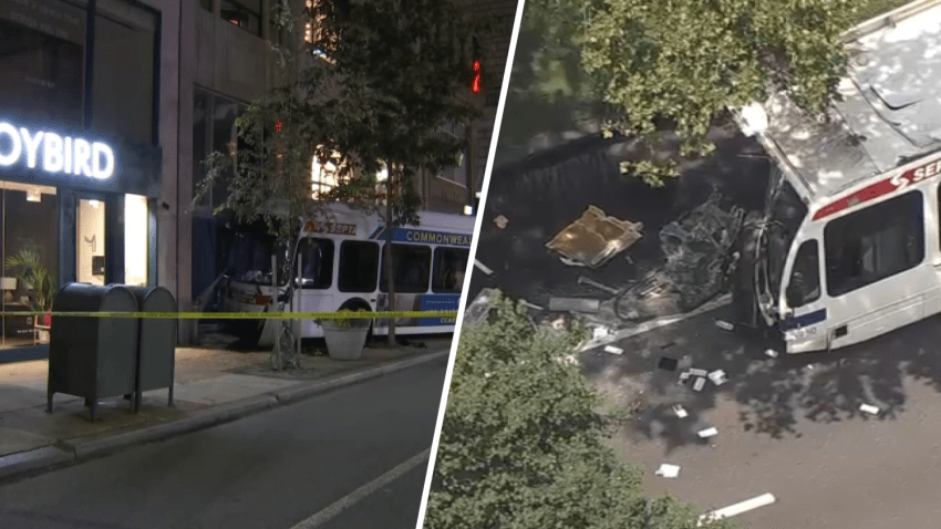 Split photo showing a SEPTA bus crashed into a wall in Center City, and another SEPTA bus smashed after colliding with another bus on Roosevelt Boulevard