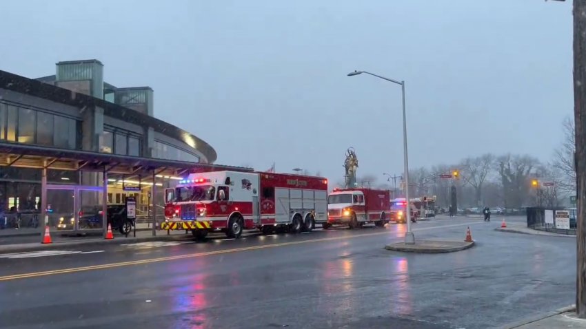 A fire truck and an ambulance sit outside of the Trenton Transit Center after a man was arrested with a 'booby-trapped rifle' there on Jan. 3, 2025.