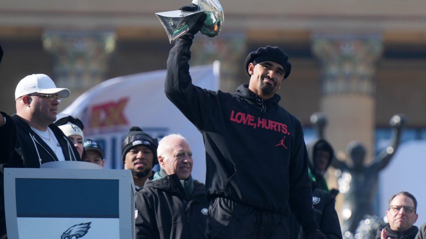 Feb 14, 2025; Philadelphia, PA, USA; Philadelphia Eagles quarterback Jalen Hurts holds the Vince Lombardi Trophy during the Super Bowl LIX championship parade and rally. Mandatory Credit: Kirby Lee-Imagn Images