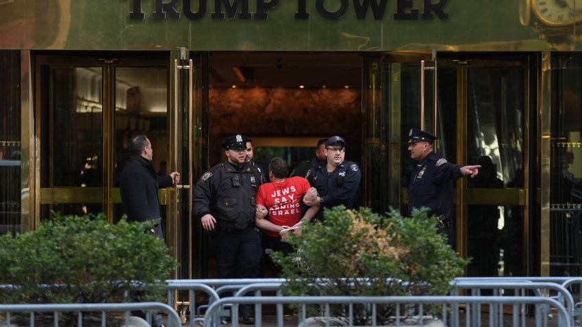 NEW YORK, US – MARCH 13: Police officers detain protestors as hundreds of activists with a Jewish peace group staged a sit-in at US President Donald Trump’s signature headquarters in New York demanding the immediate release of Palestinian activist Mahmoud Khalil, in United States on March 13, 2025. (Photo by Lokman Vural Elibol/Anadolu via Getty Images)