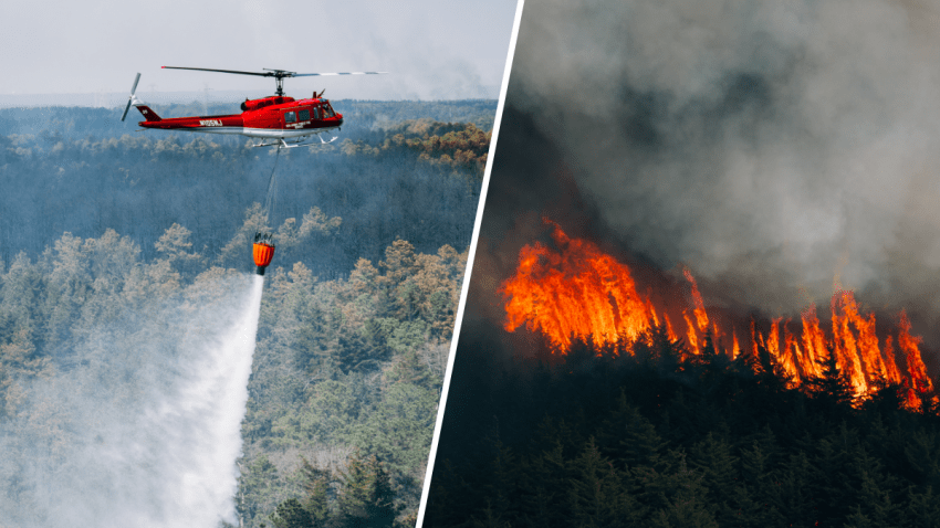 Split image of chopper dropping water and burning forest